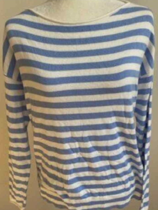 Sweaters - Striped Long-Sleeve Knit Top - Blue and White